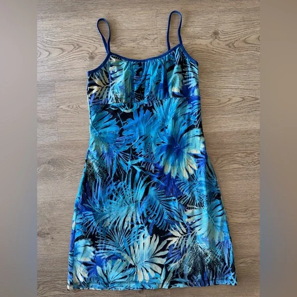 Vintage Y2K Tropical Blue Leaf Print Spaghetti Strap Mini Dress USA Made Size M - Picture 2 of 9
